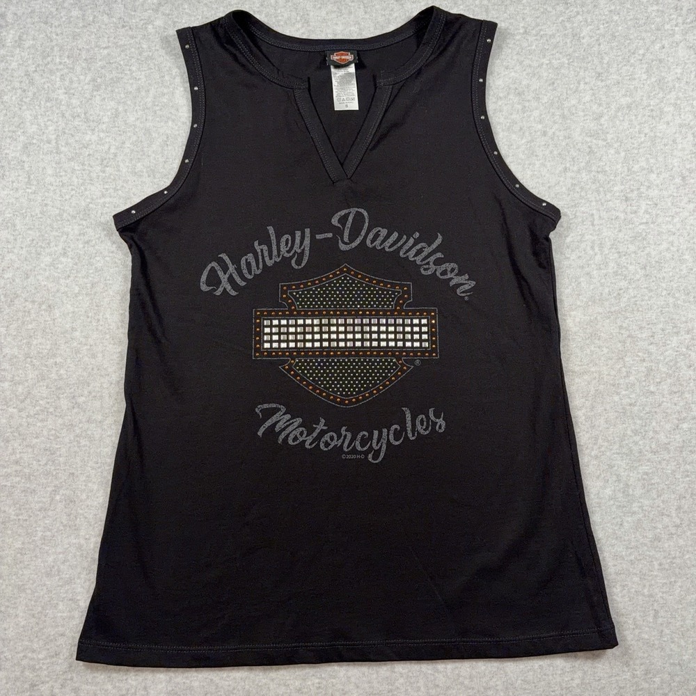 Harley-Davidson Shirt Womens Small Black Tank Top Rhinestone Studded Graphic